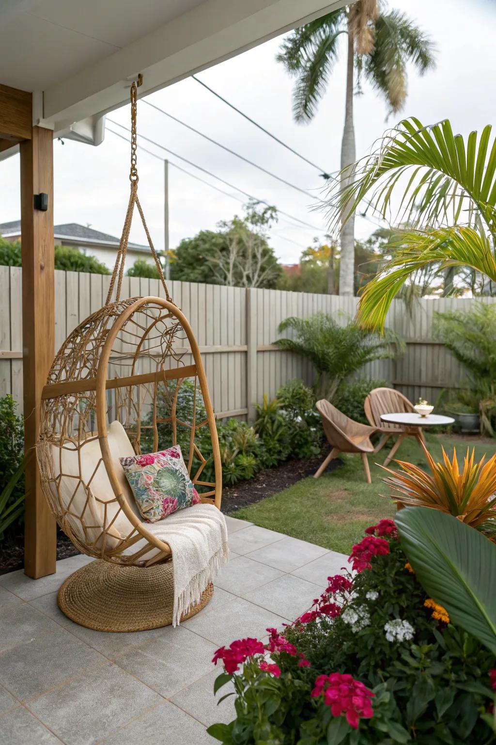 A swinging chair adding a fun and relaxing element to a lanai.