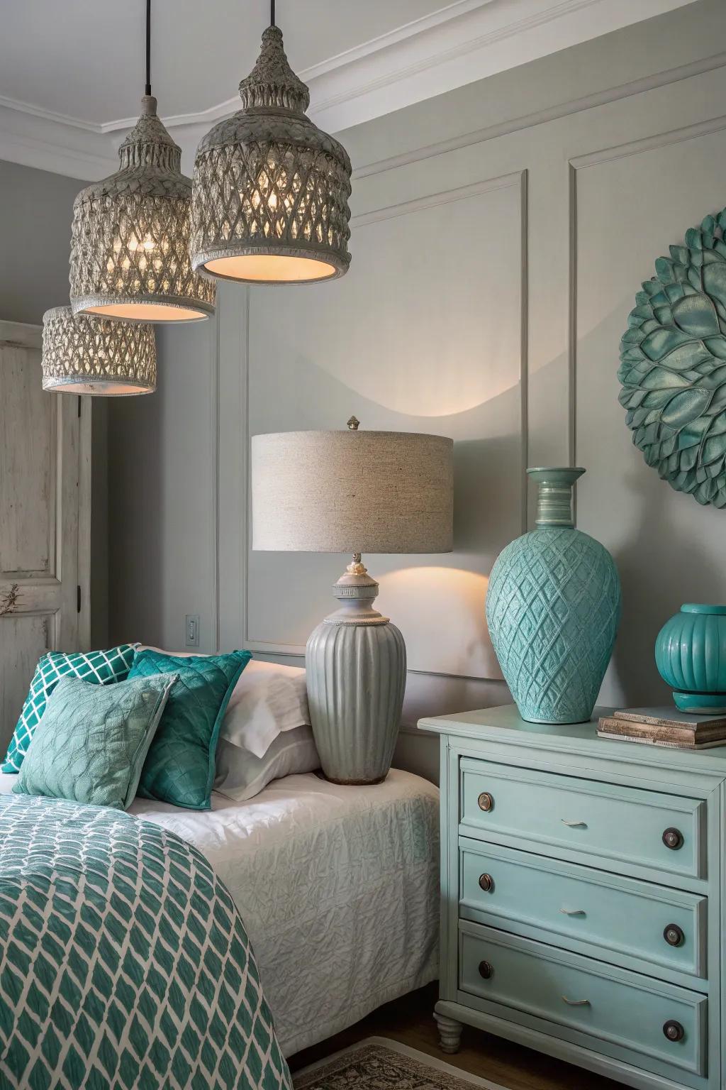 Sculptural lighting blending grey and turquoise
