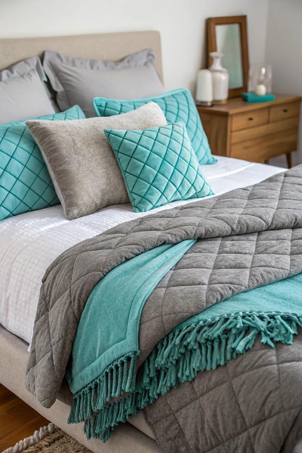 Cozy bedding layered in grey and turquoise