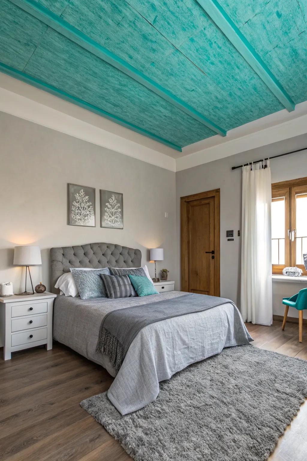 Turquoise-painted ceiling adding dimension