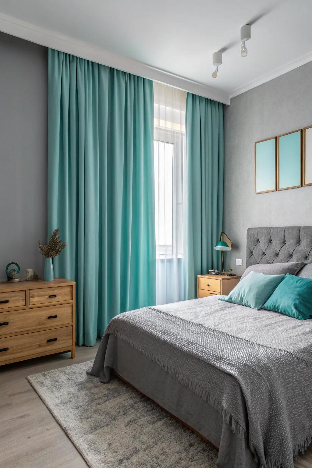 Curtains in soft turquoise and neutral tones