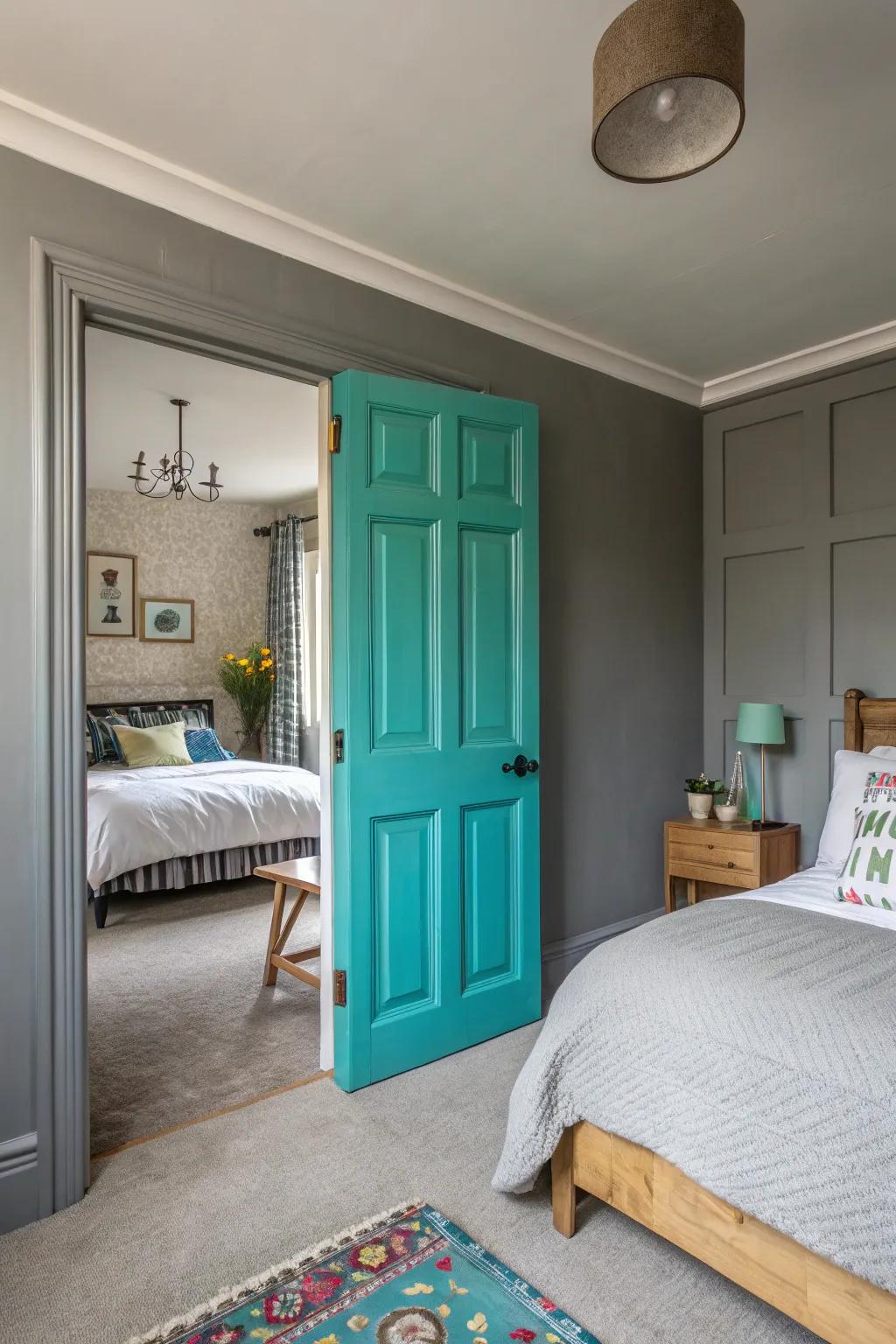 Turquoise-painted bedroom door adding character