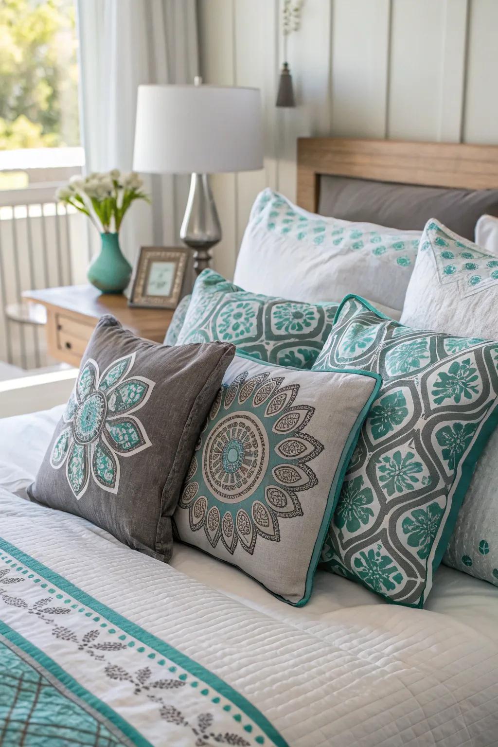 Decorative pillows in grey and turquoise patterns