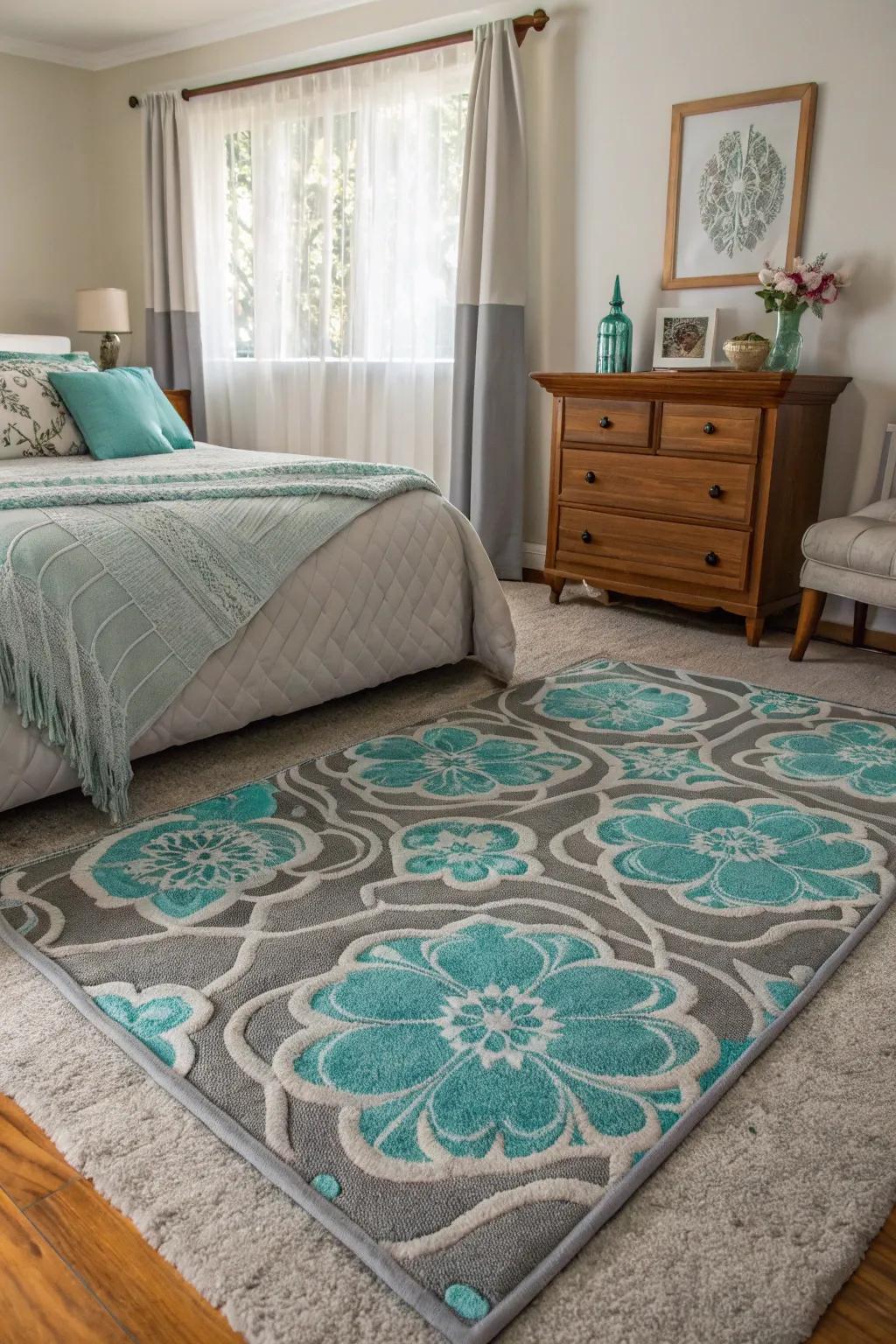 Grey and turquoise patterned rug grounding bedroom design
