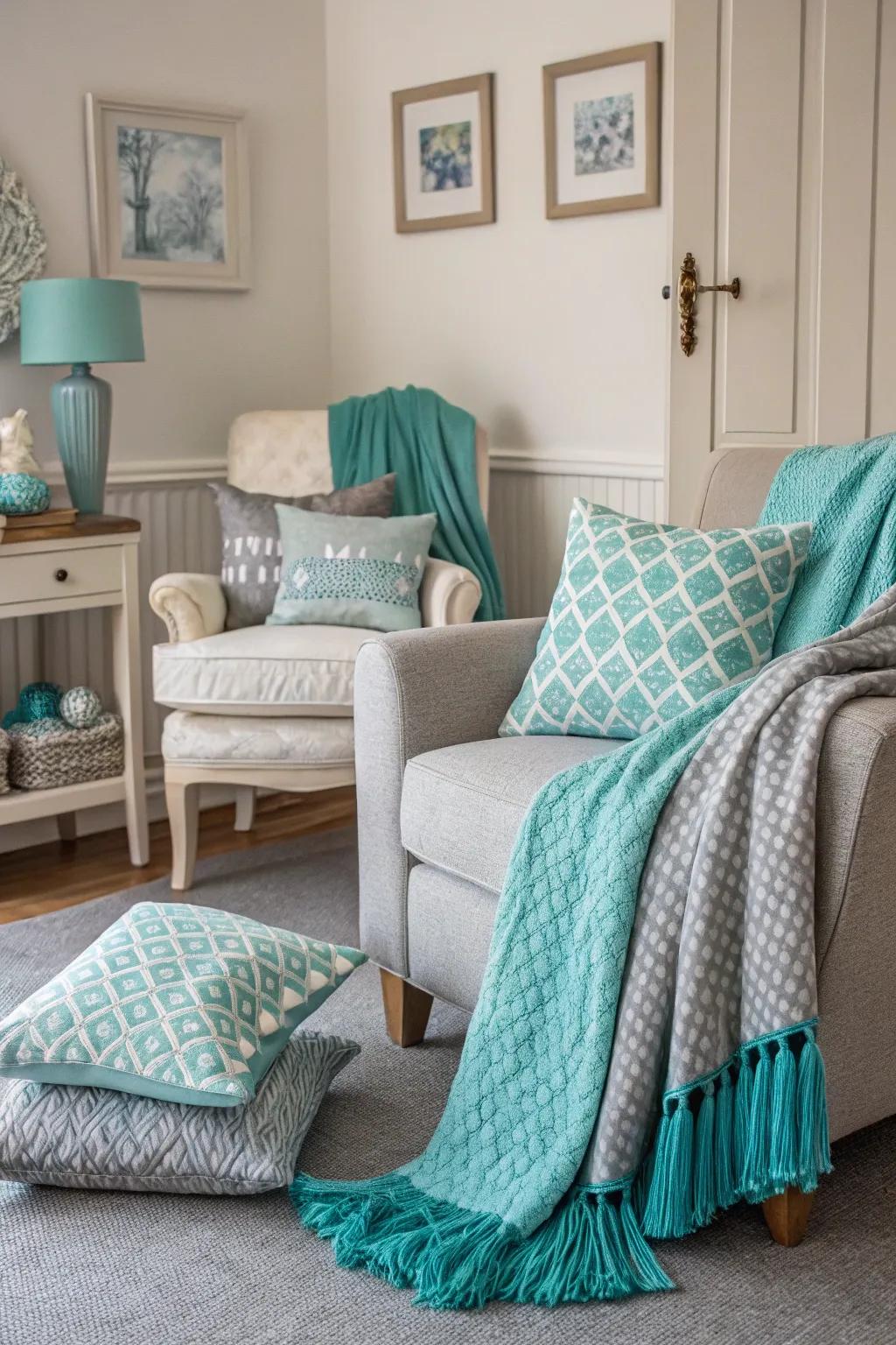 Accessories blending grey and turquoise for a cohesive design