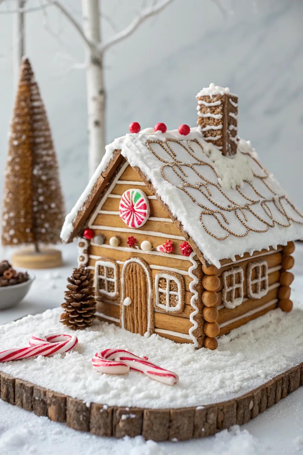 Gingerbread cabin walls crafted with pretzel sticks for a rustic log cabin effect.