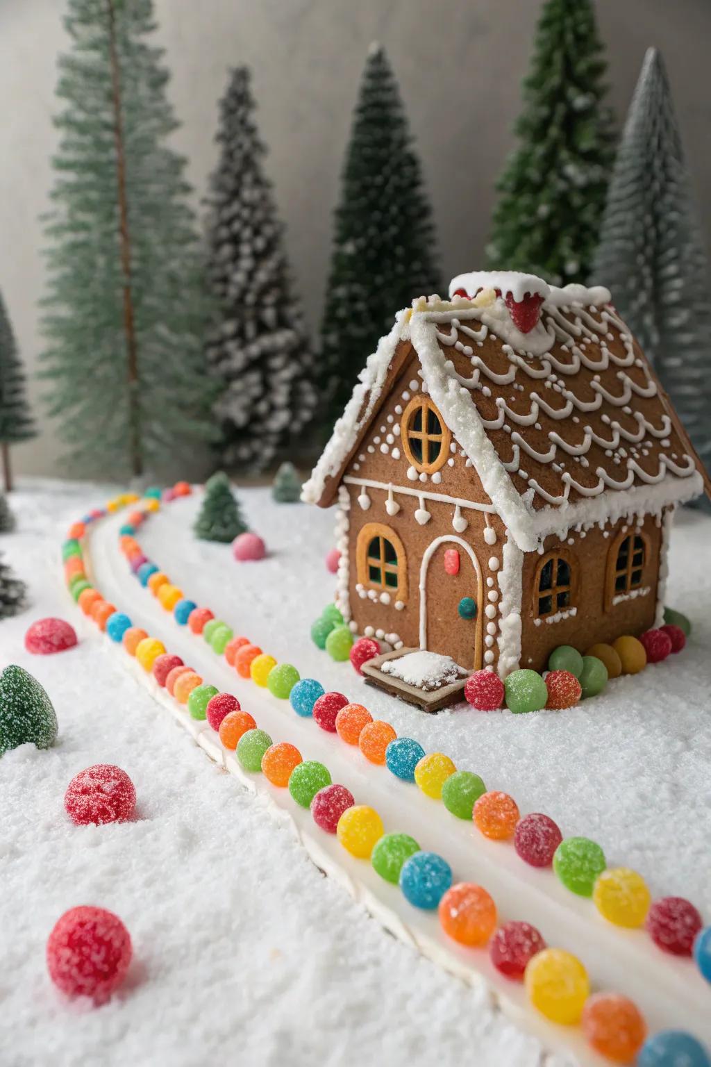 A bright gumdrop path leading to the gingerbread cabin entrance.