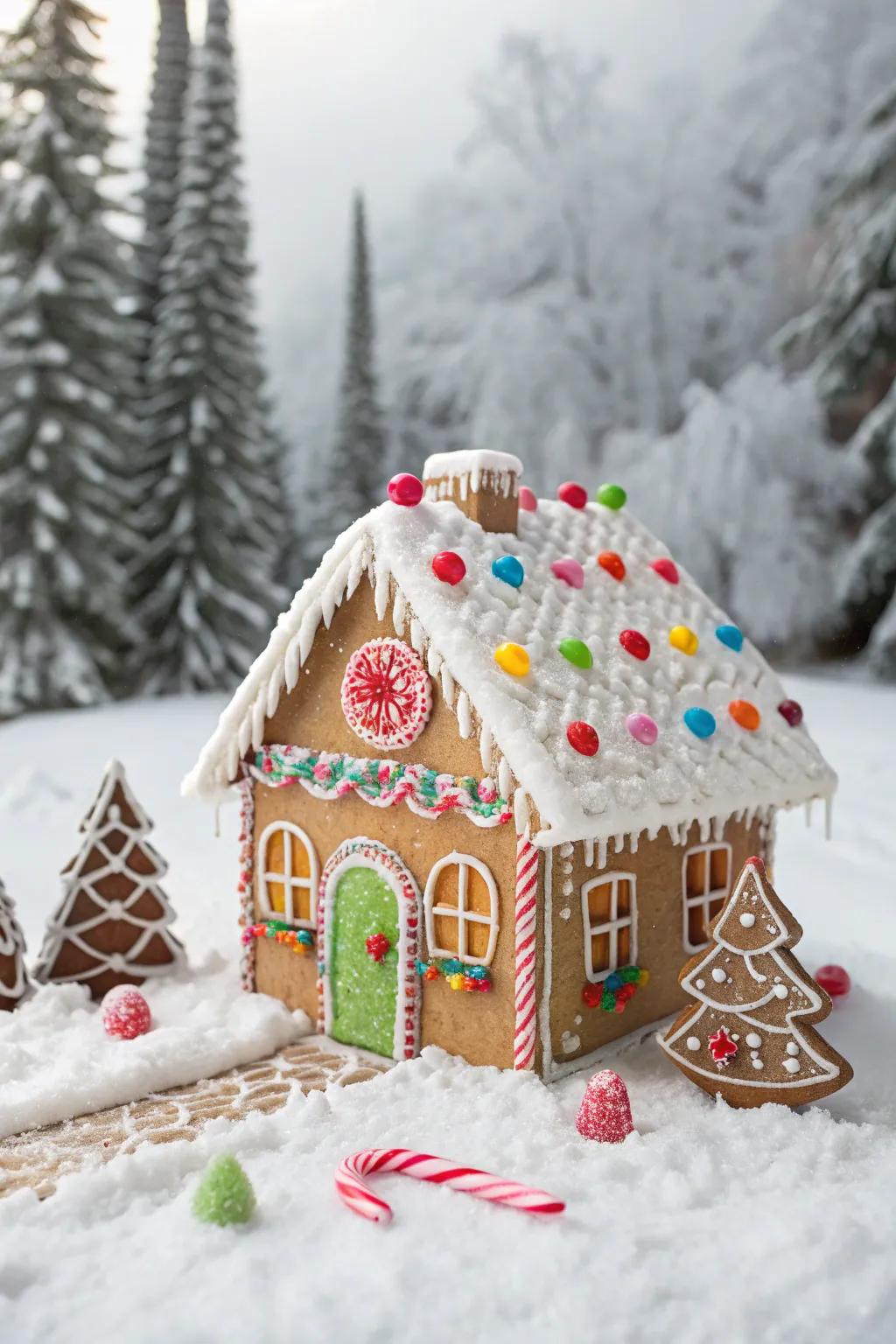 Gingerbread cabin featuring colorful candy windows and doors.