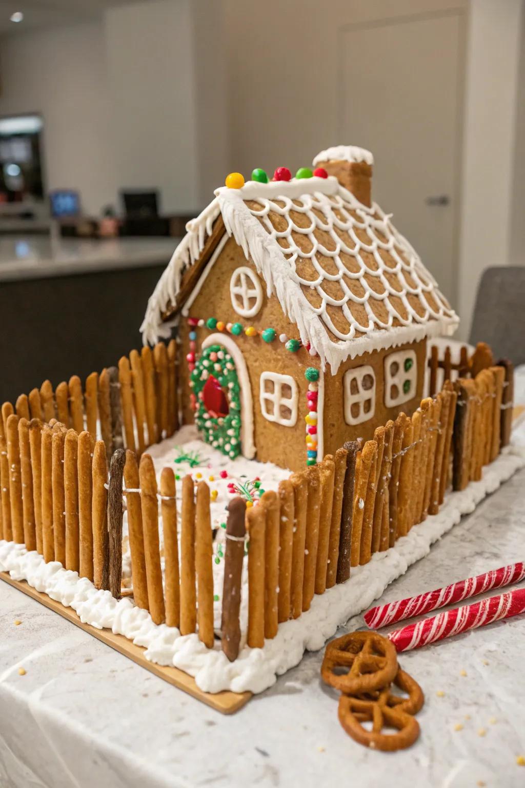 Gingerbread cabin surrounded by a quaint pretzel stick fence.