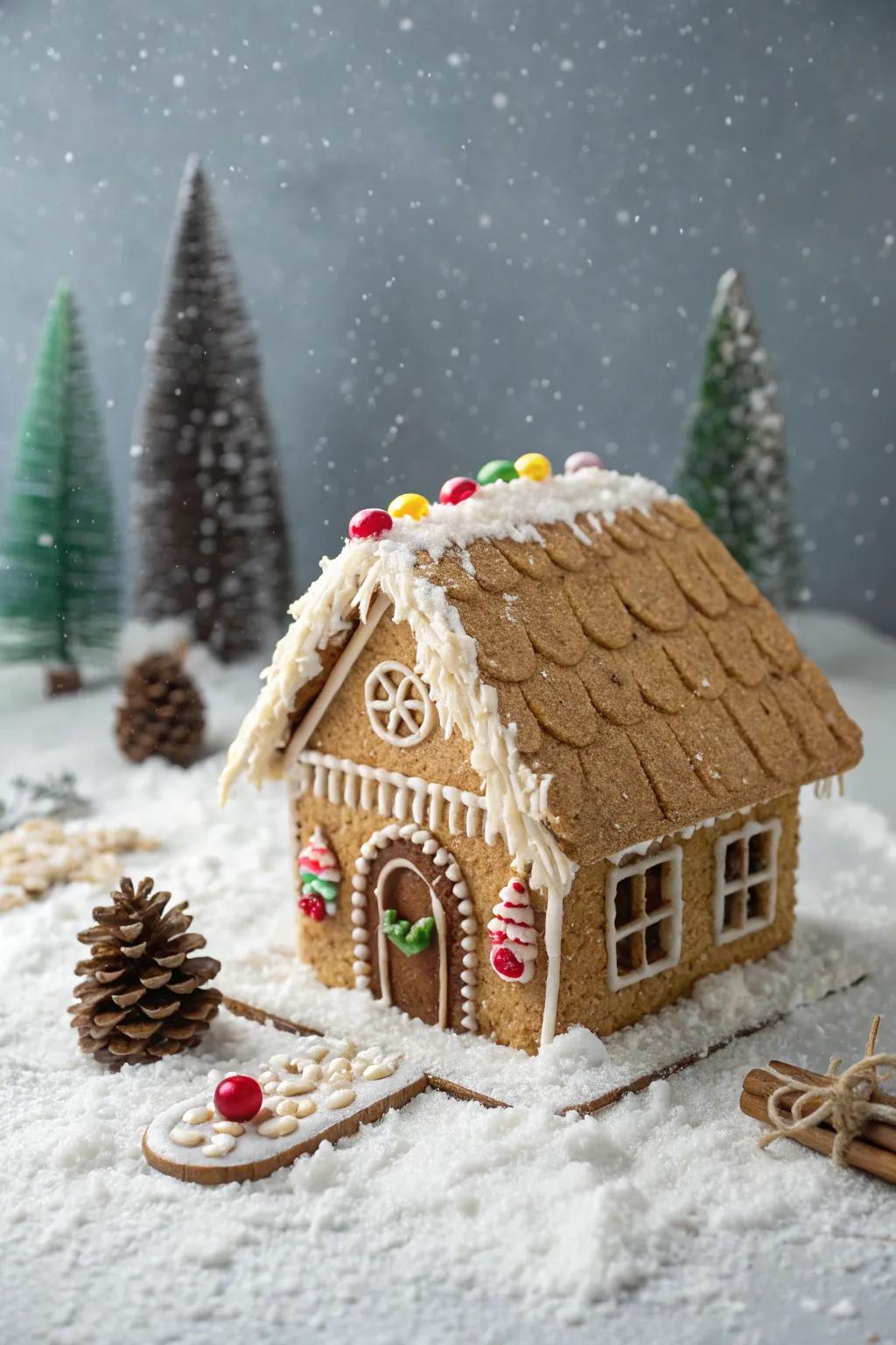 Gingerbread cabin topped with a shredded wheat thatch-style roof.