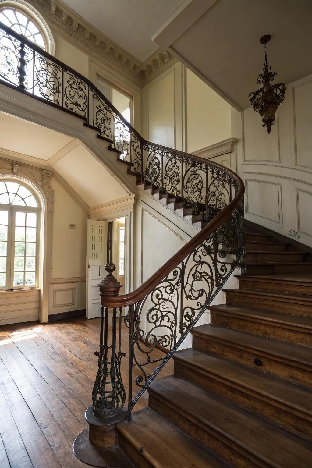 Wrought iron railings adding strength and style to colonial interiors.