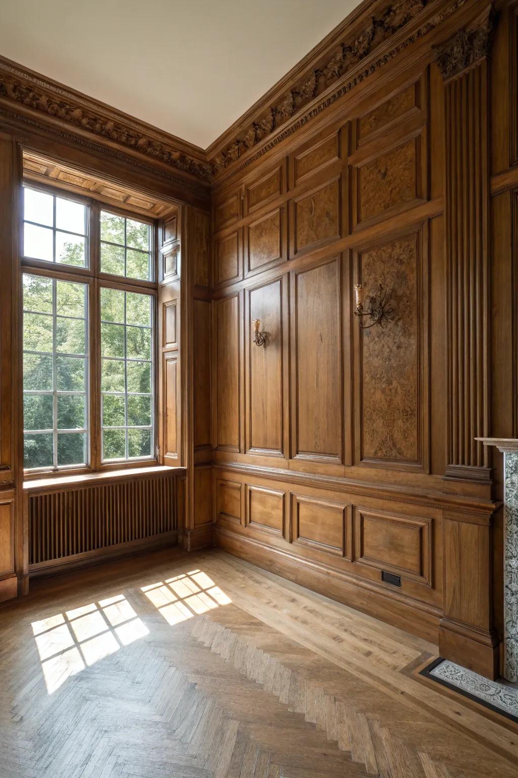Wood paneling adding texture and warmth to colonial-inspired rooms.