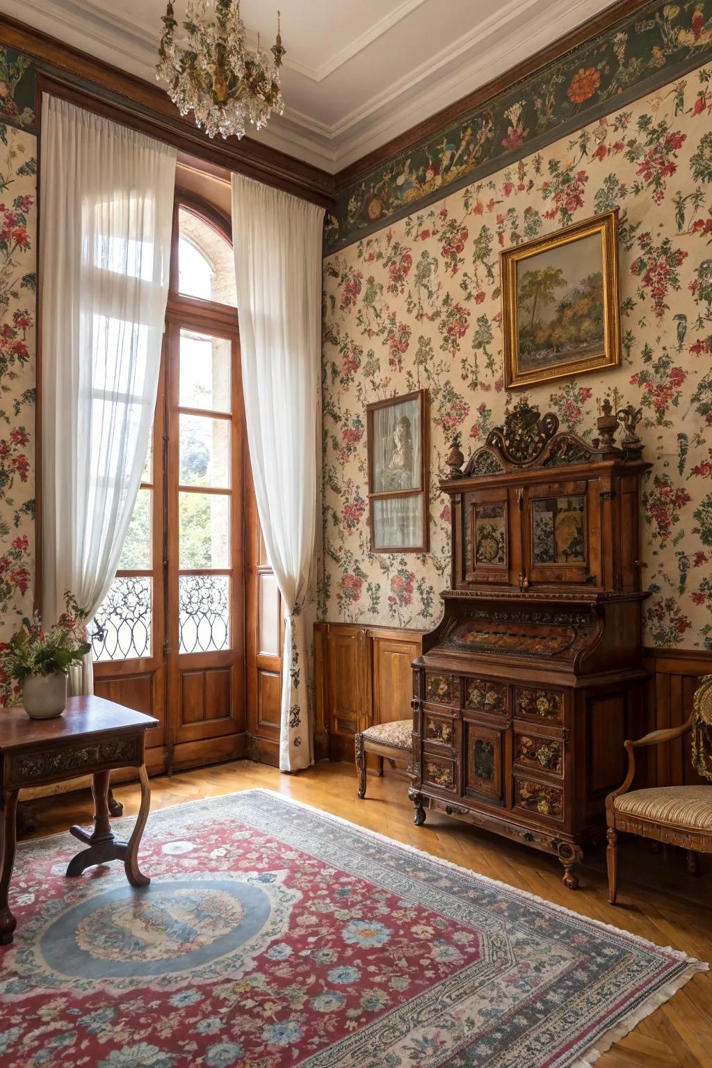 Floral wallpaper adding depth and elegance to colonial rooms.