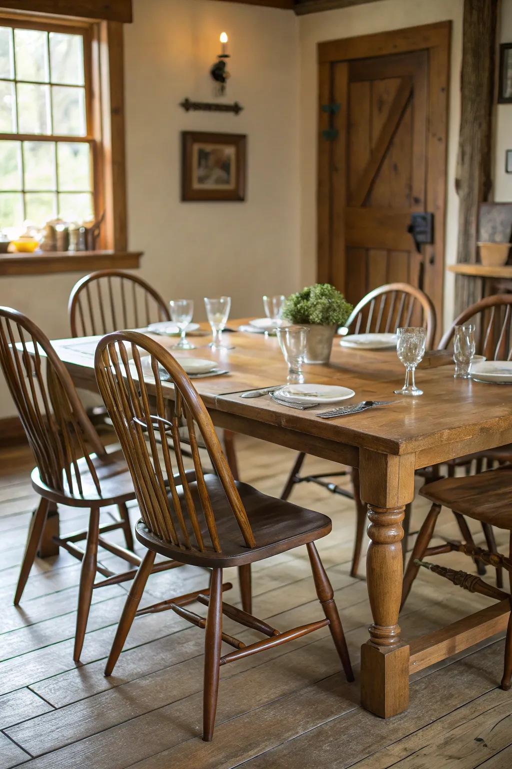 Spindle-back chairs offering classic elegance in colonial dining rooms.