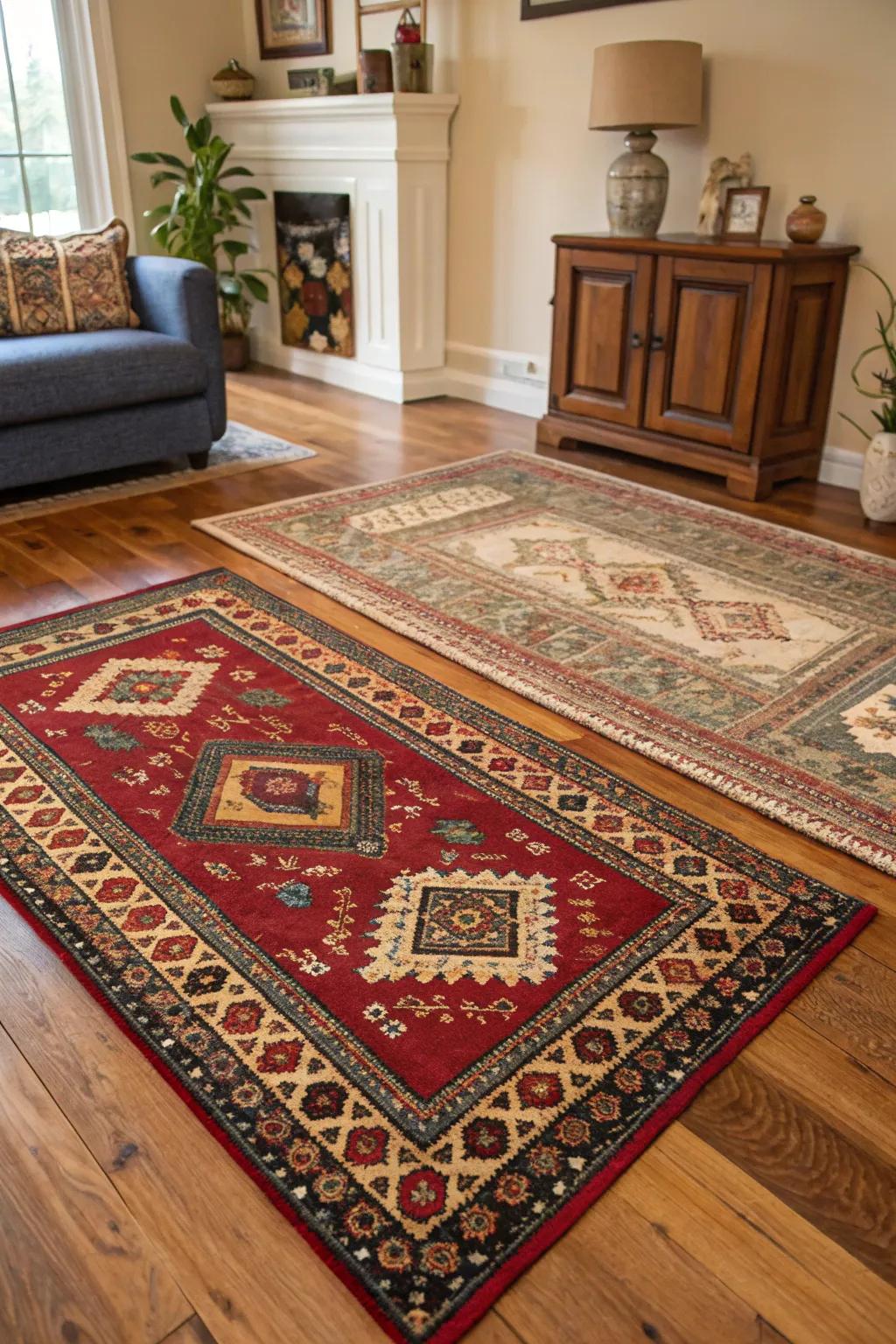 Traditional rugs adding texture and warmth to colonial interiors.