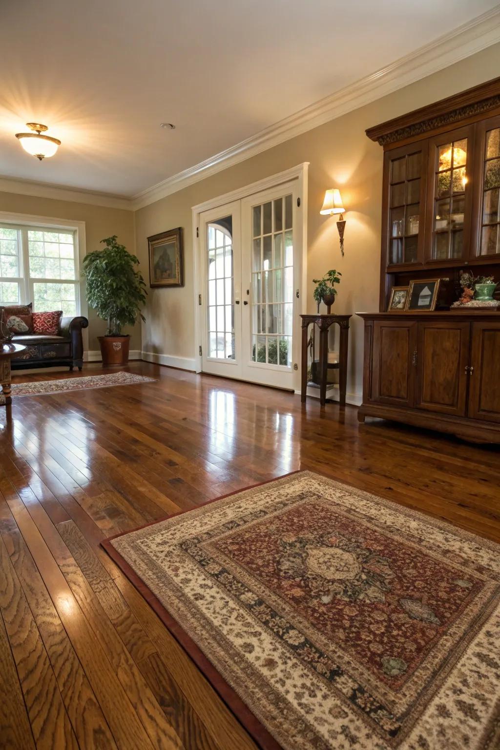 Hardwood floors complementing colonial interior aesthetics.