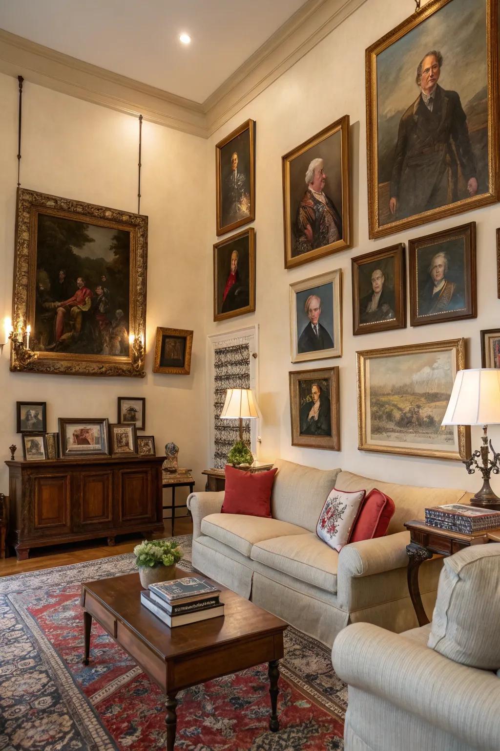 Portraits and artwork enhancing colonial-style interiors.