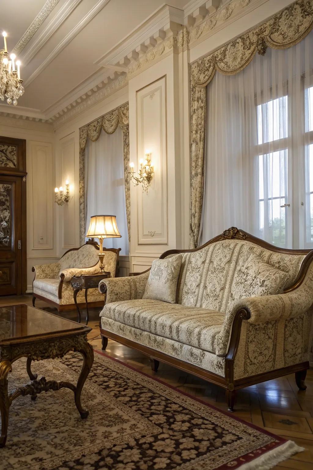 Damask fabrics adding refined elegance to colonial interiors.