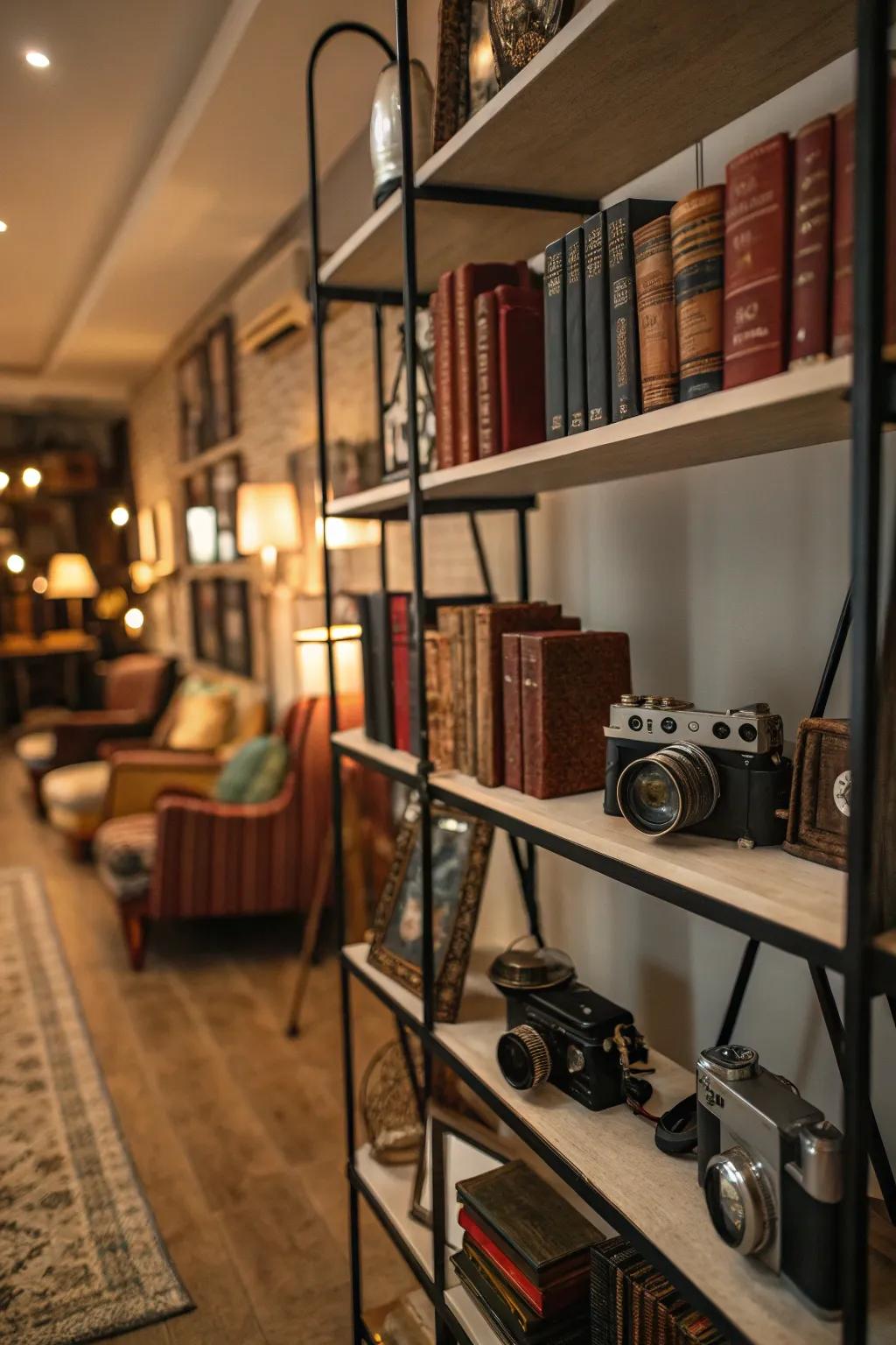 Shelves showcasing vintage items in colonial-inspired rooms.