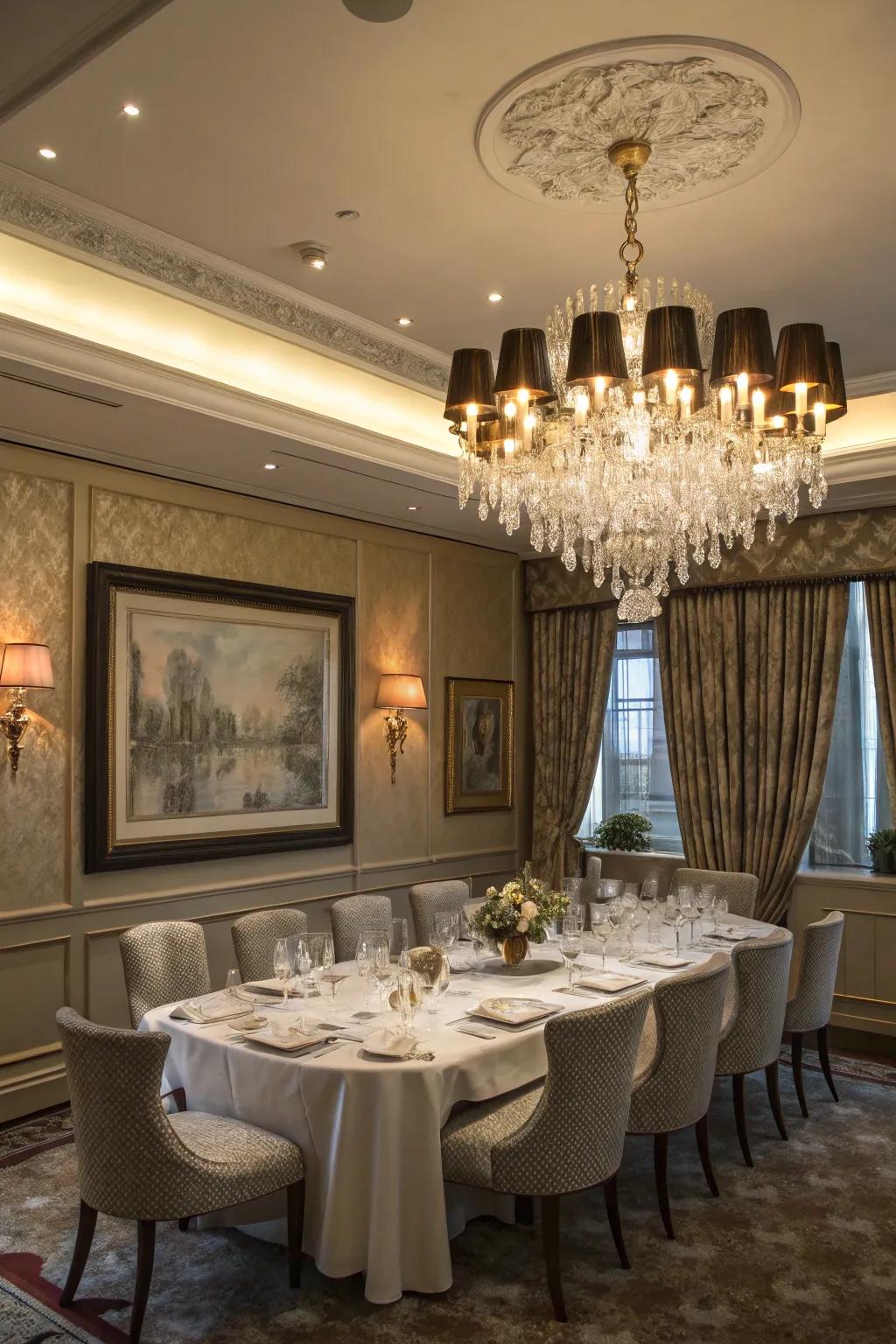 Elegant chandelier as a focal point in colonial dining rooms.