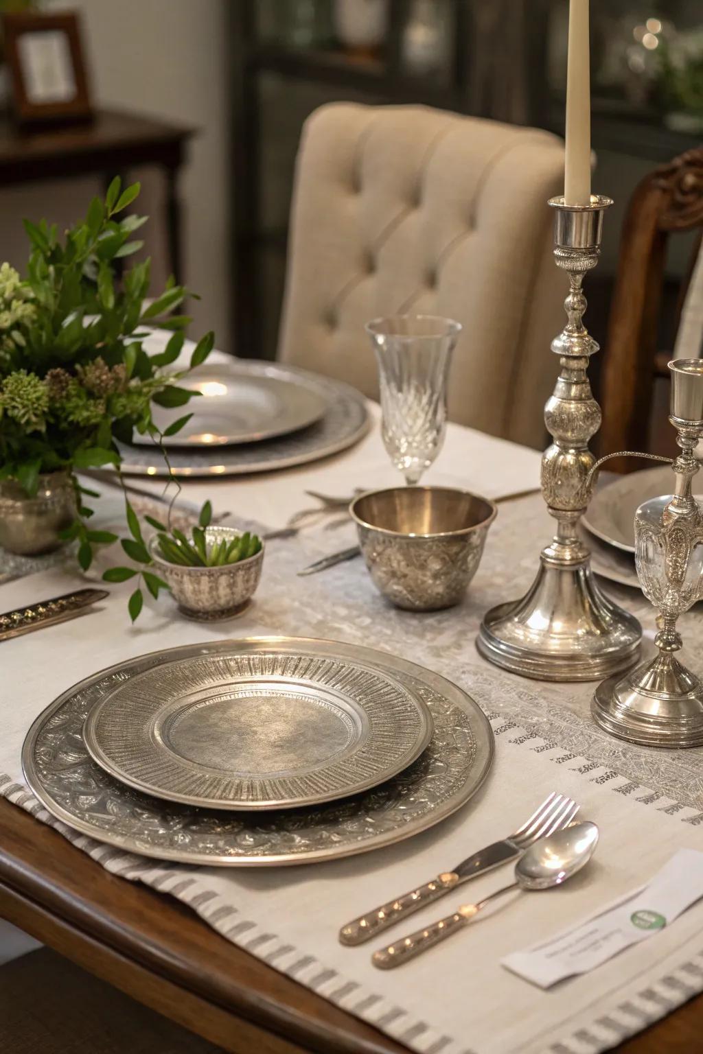 Pewter accents enhancing colonial dining aesthetics.