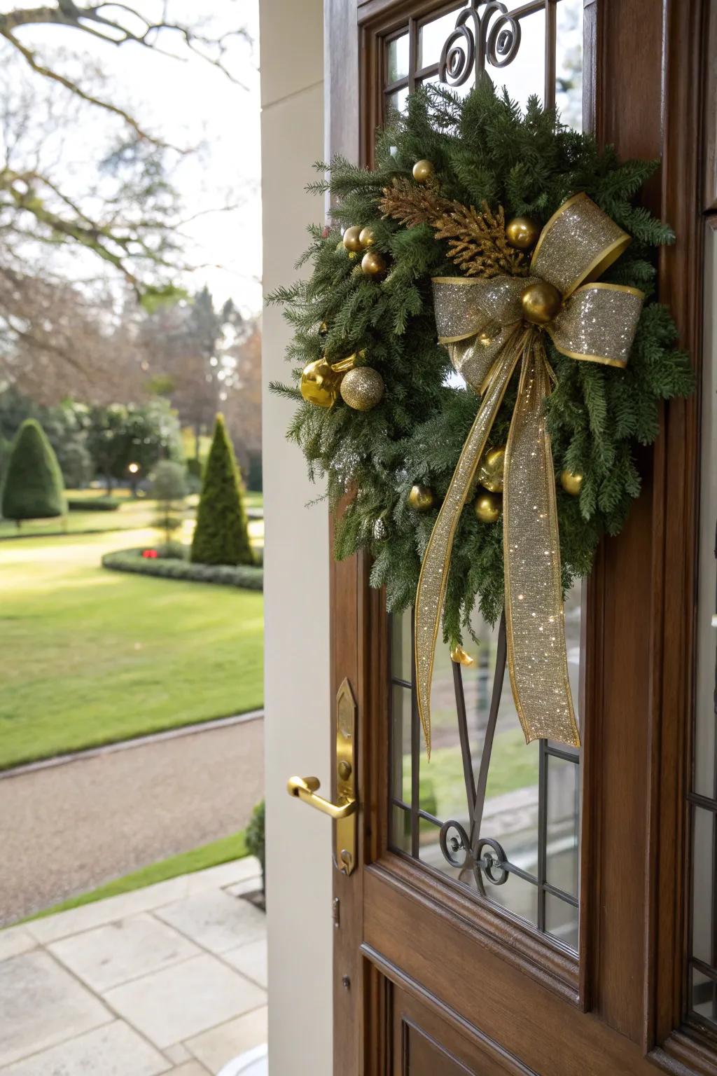 A wreath adorned with shimmering gold details.