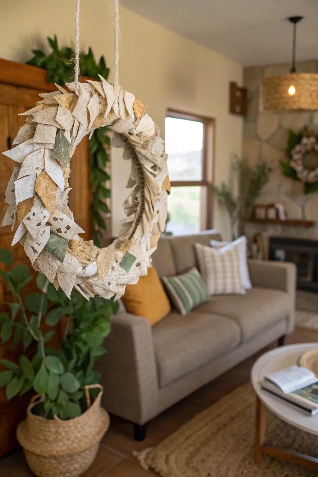 A wreath showcasing eco-friendly materials and creativity.