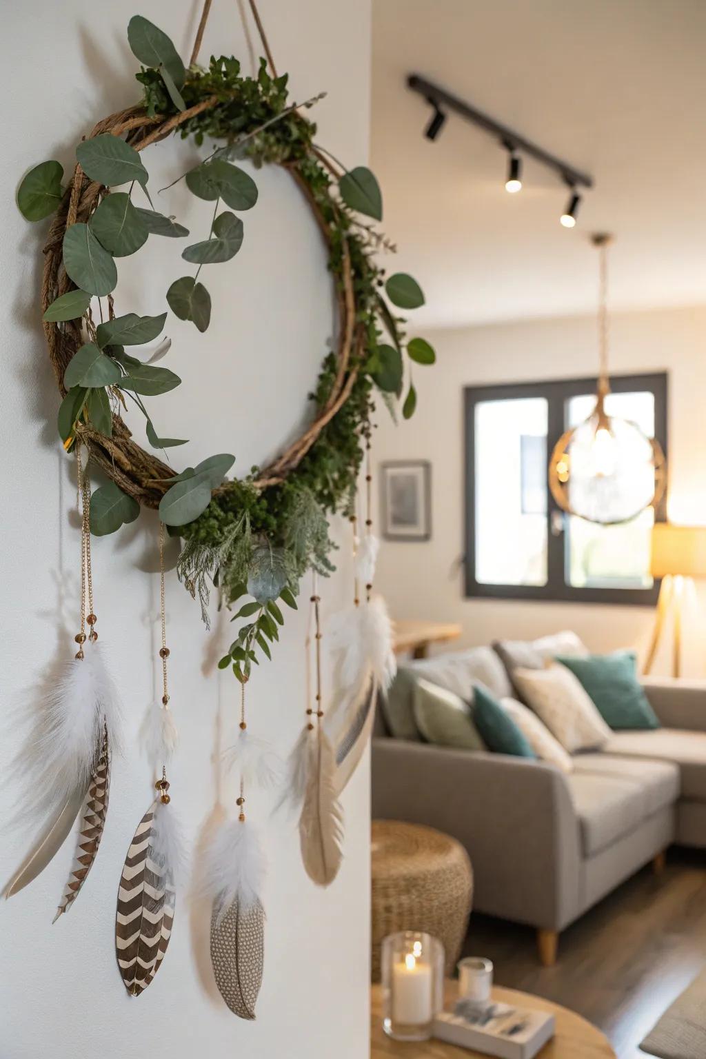 A wreath reflecting boho style with natural elements.