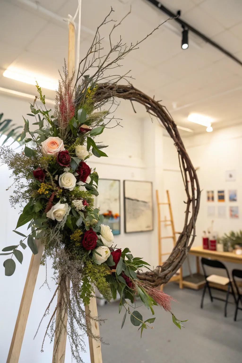 A wreath featuring an artistic asymmetrical design.