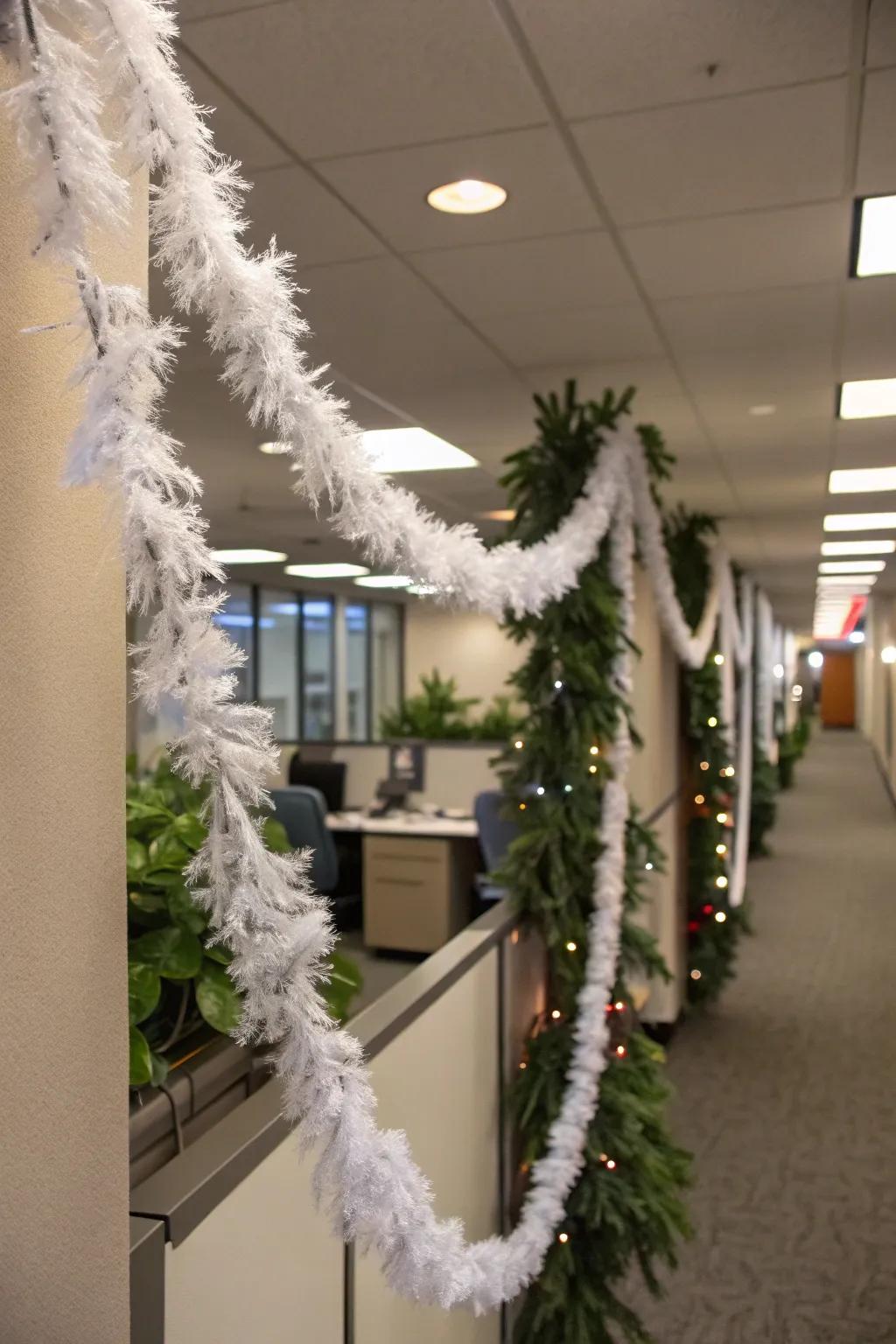 DIY faux snow garland adds charm to office decor.