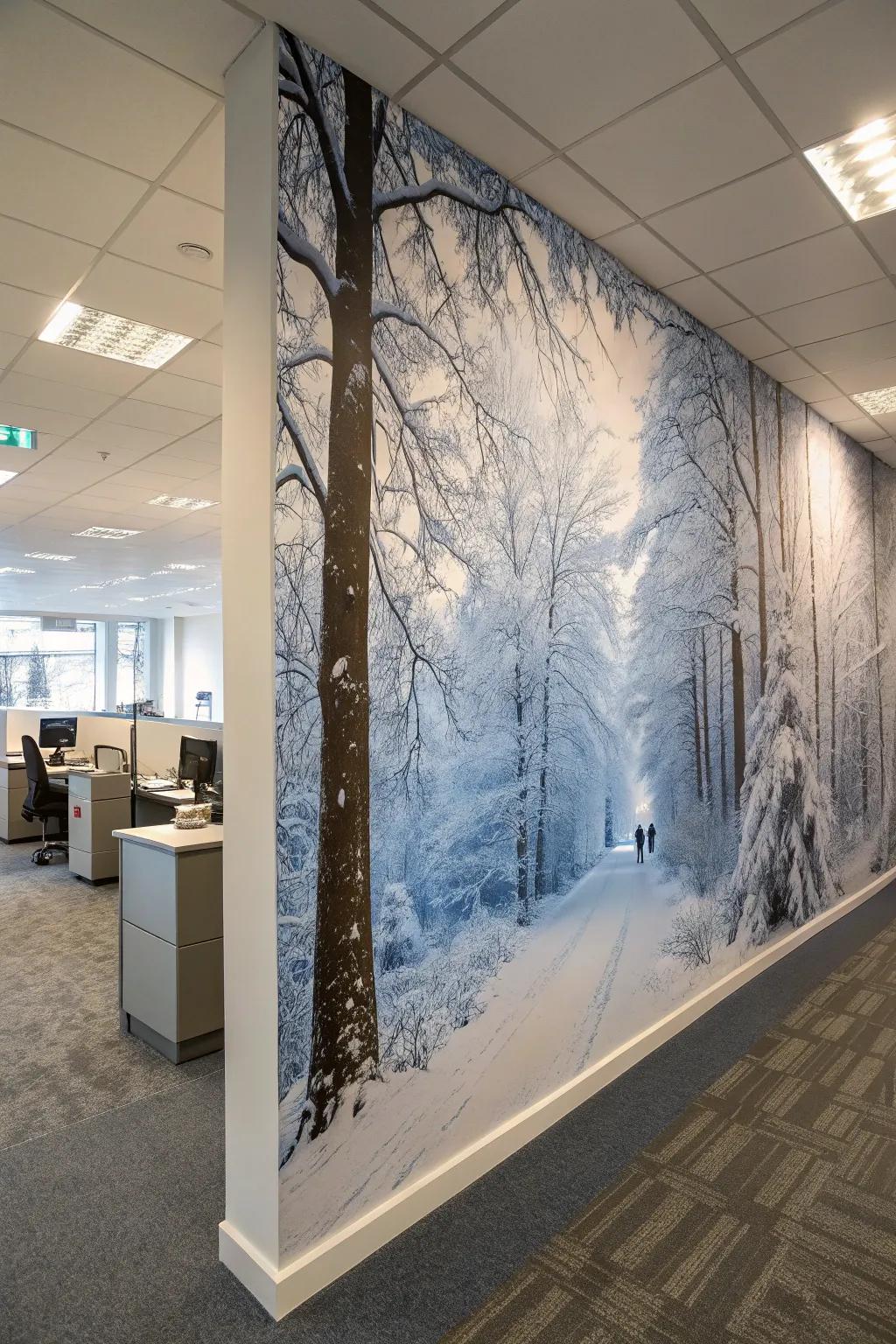 Winter forest mural adds natural beauty to office walls.