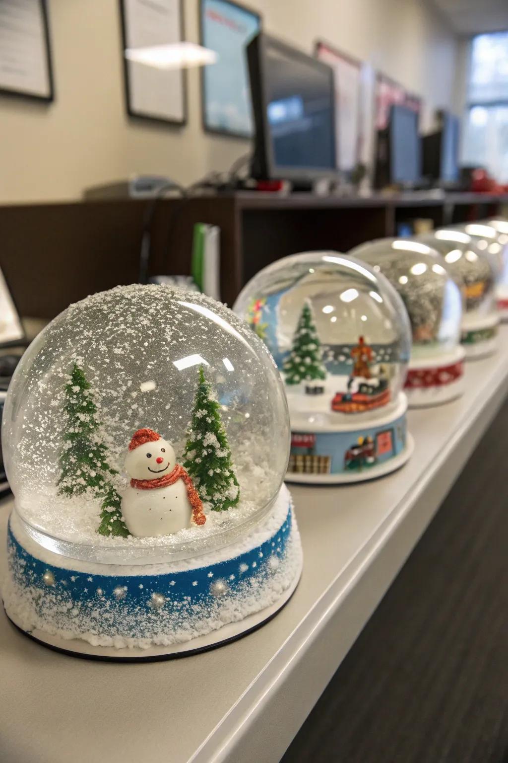 Handcrafted snow globes add a unique winter touch to desks.