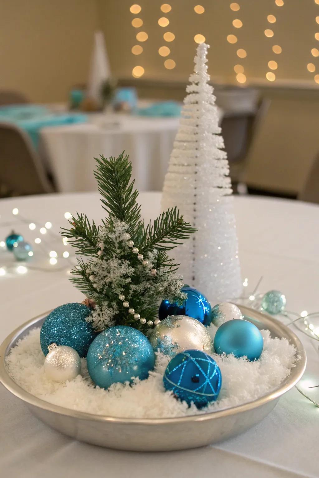 Winter-themed centerpieces add festive charm to office tables.