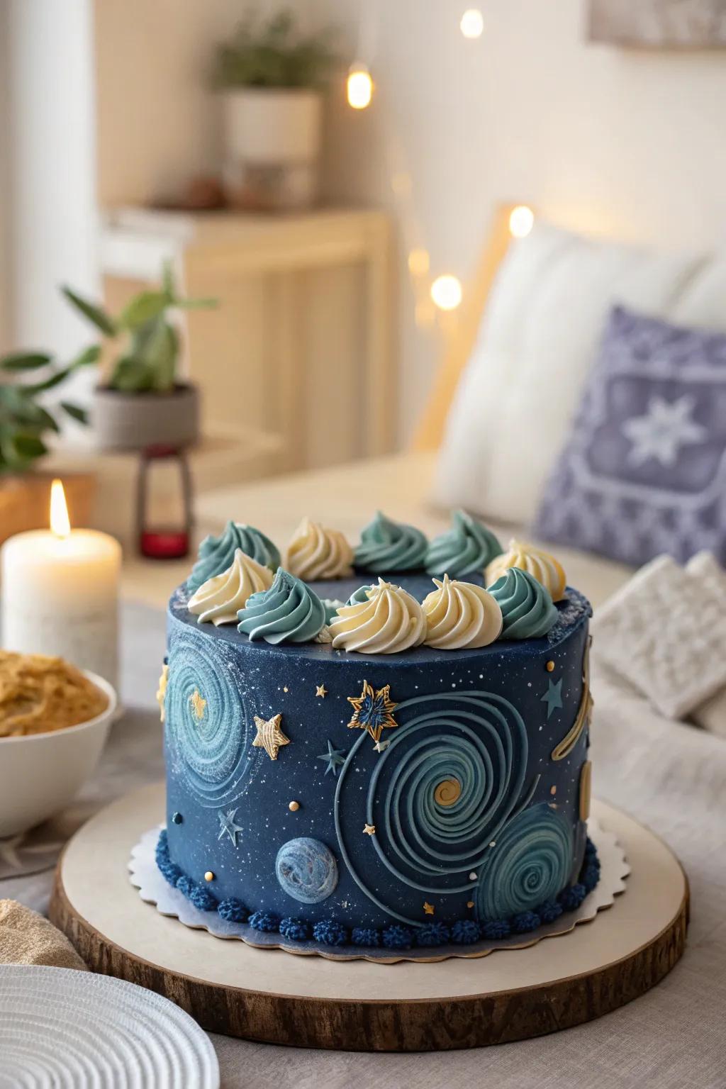 Buttercream cake featuring celestial stars and galaxy patterns