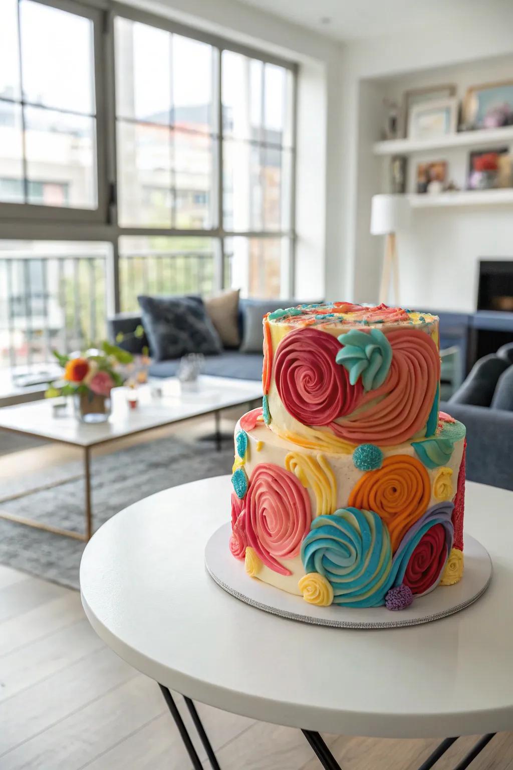 Creative abstract buttercream art on a cake