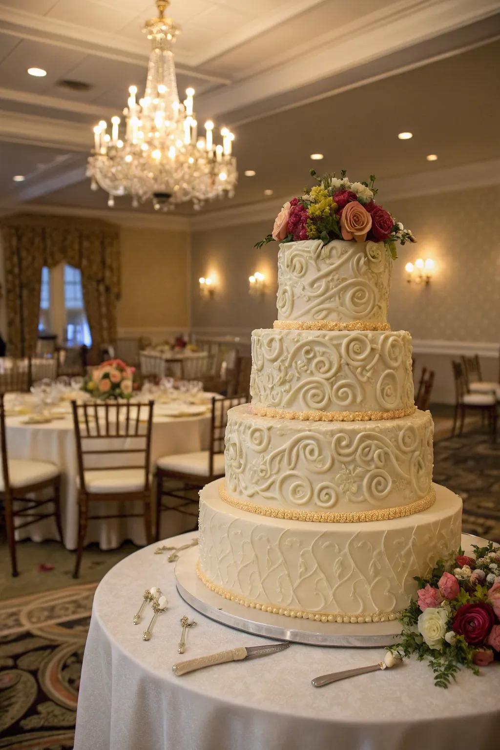 Intricate layered buttercream patterns on a cake