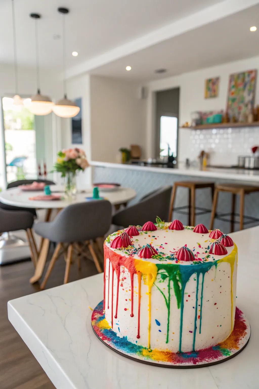 Buttercream cake with colorful edible paint splatter
