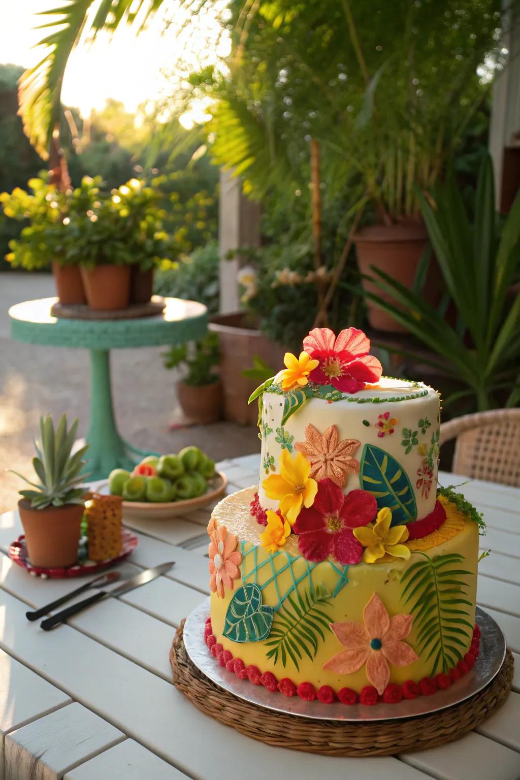 Buttercream cake with bright tropical floral designs
