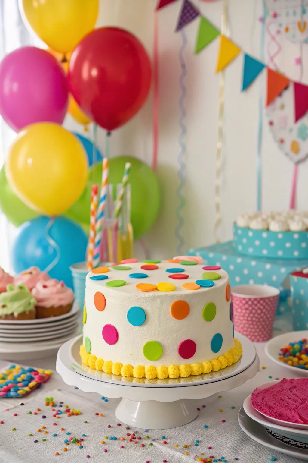Buttercream cake decorated with colorful polka dots