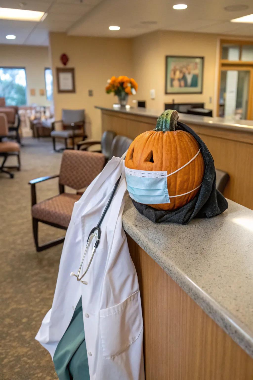 Pumpkin dressed as a doctor with a face mask.