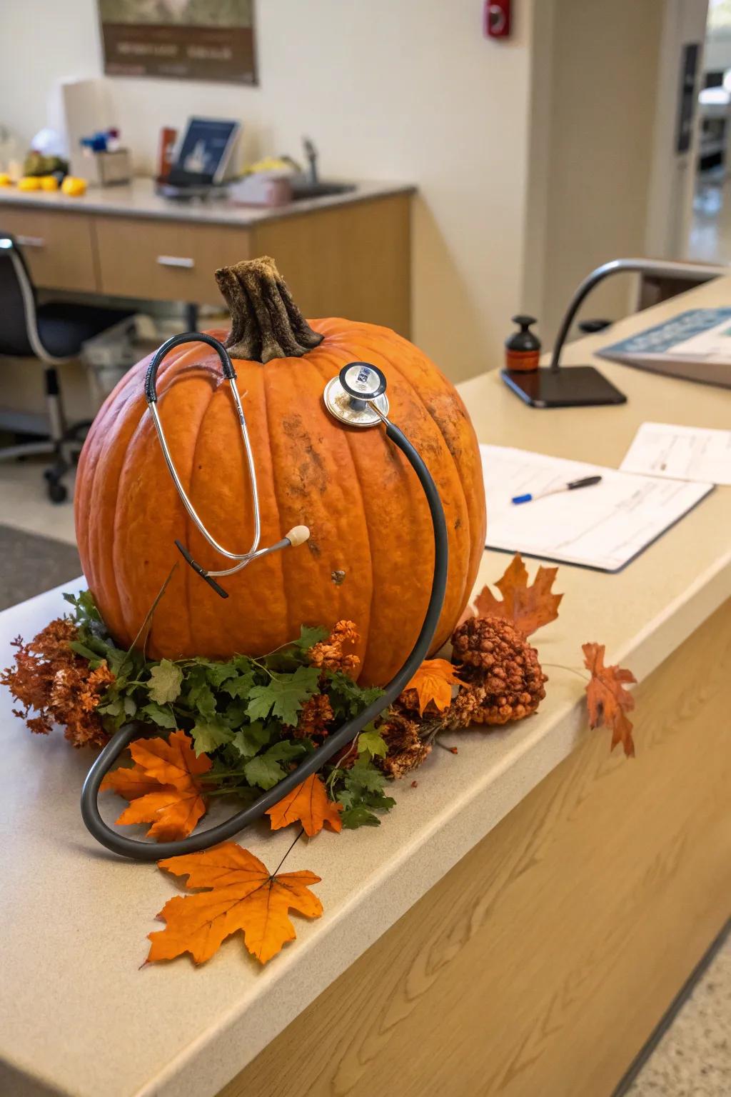 Pumpkin decorated with a stethoscope for a healthcare theme.