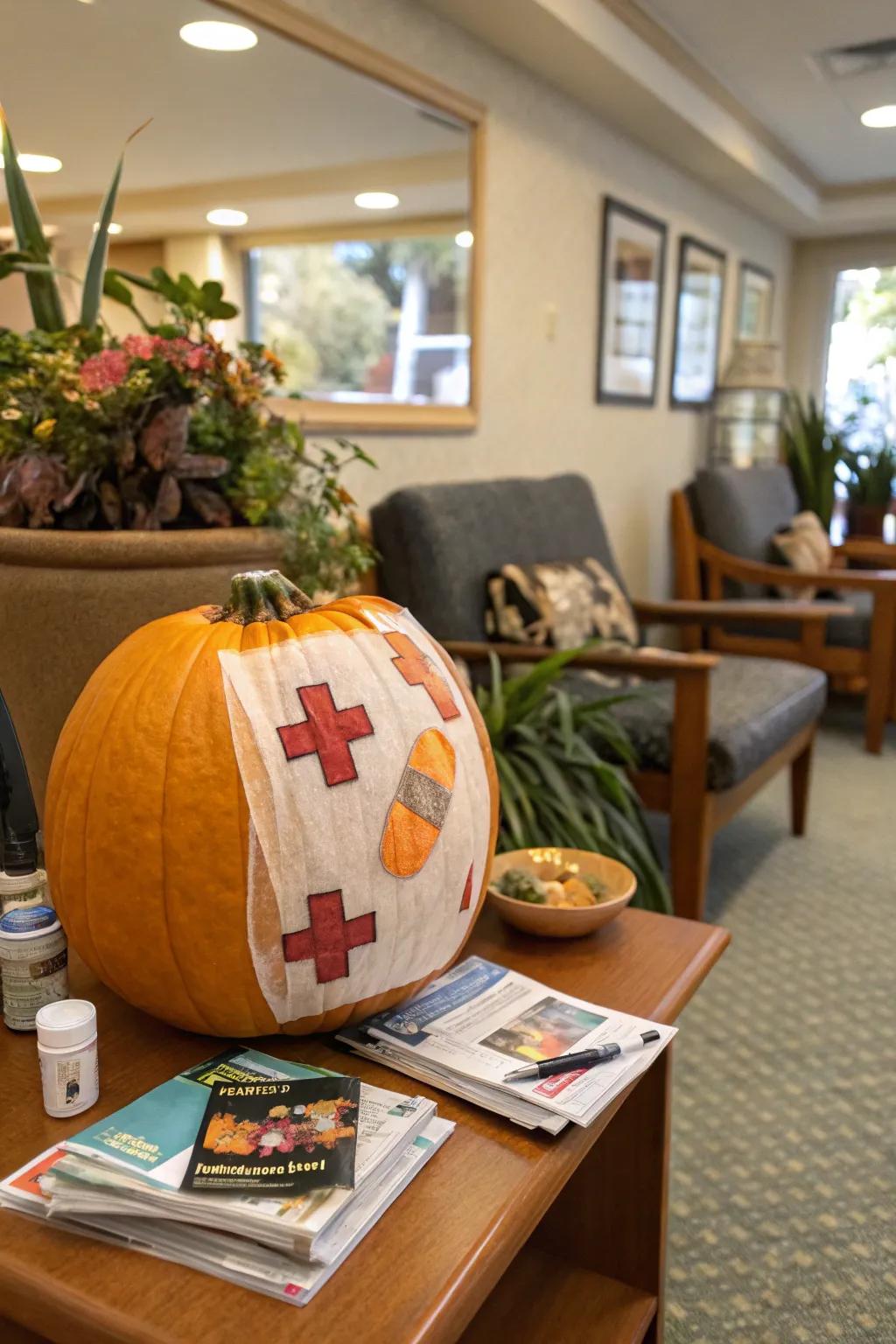 Pumpkin decorated with medical items like bandages and gauze.