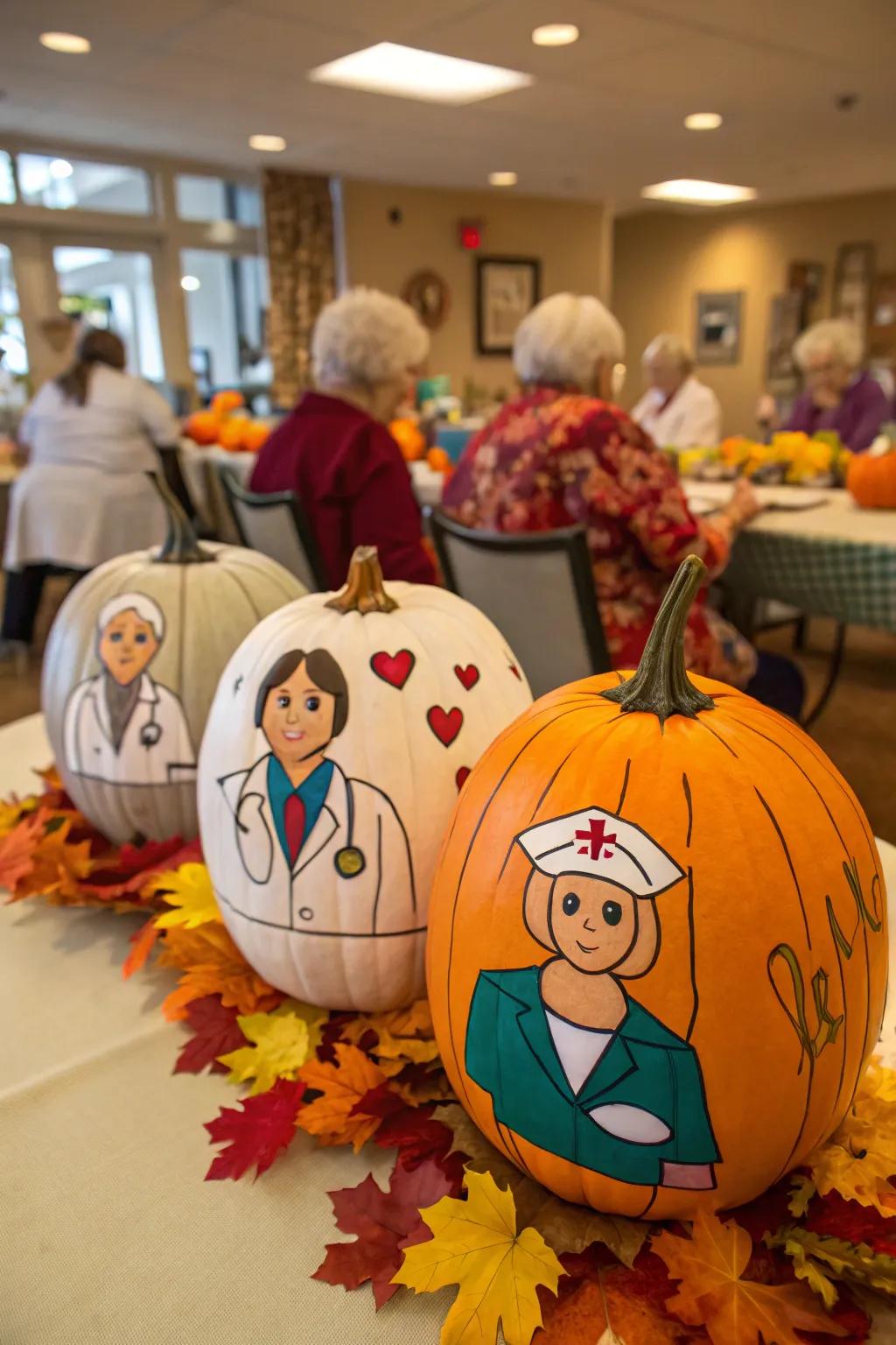 Group of pumpkins dressed as healthcare workers.