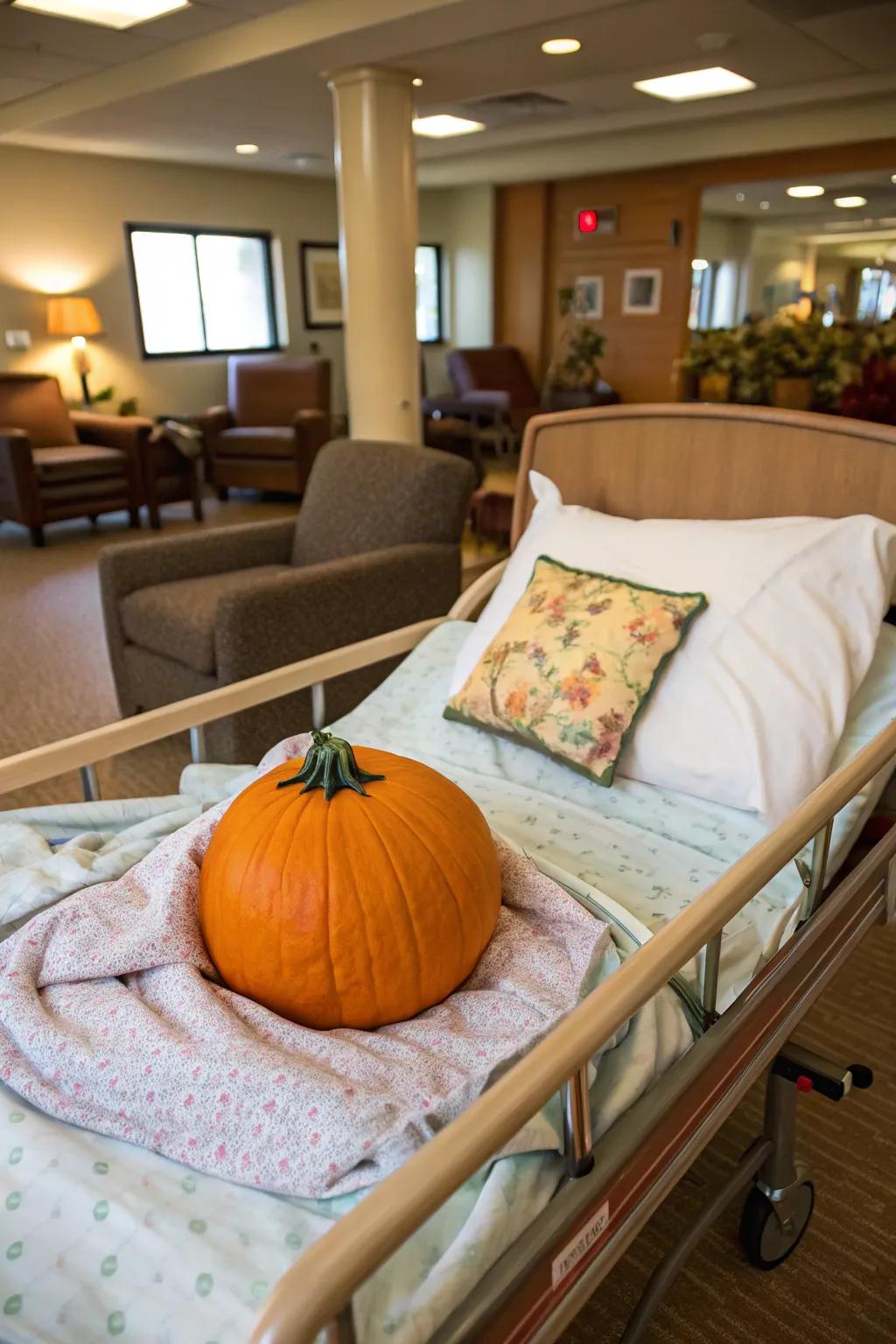 Pumpkin resting in a miniature hospital bed with blanket.