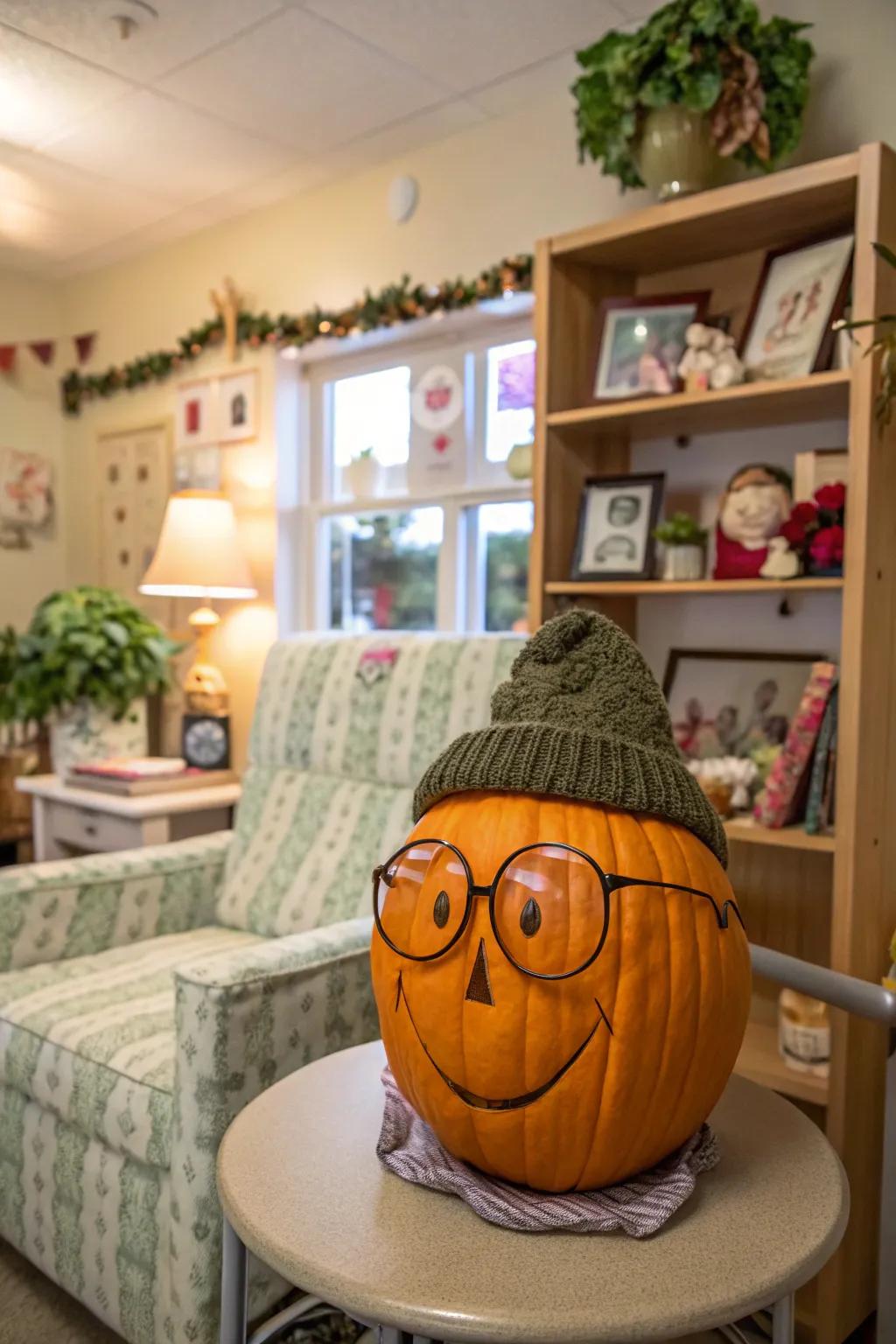 Pumpkin styled as an elderly person with glasses and hat.