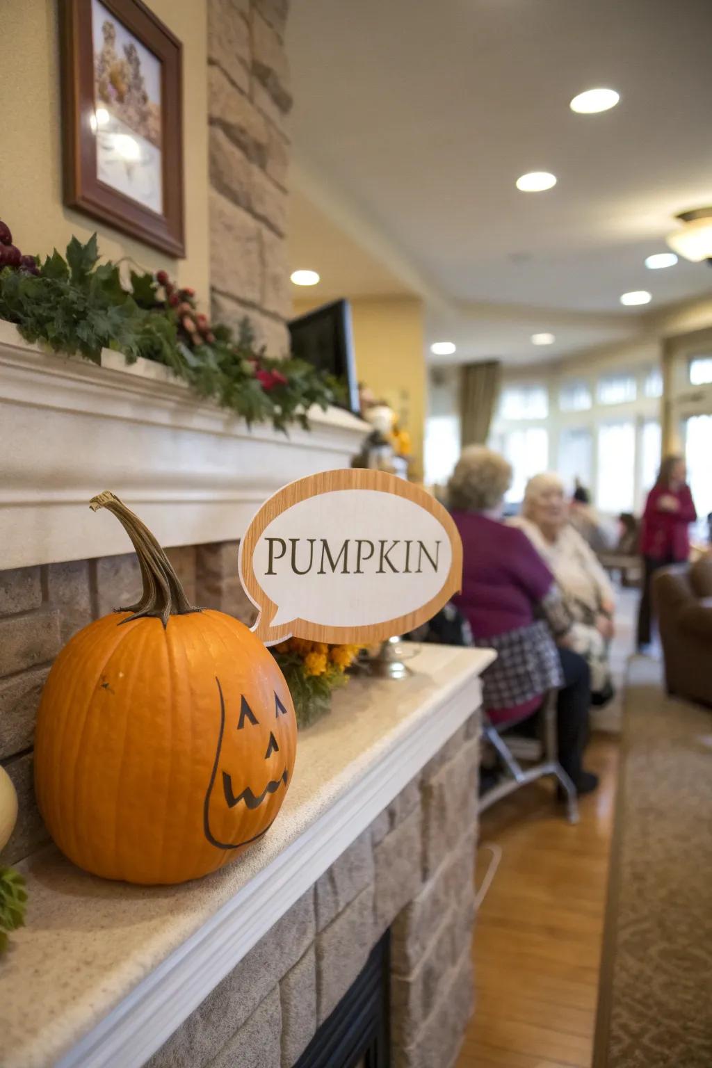 Pumpkin with a speech bubble displaying a humorous message.