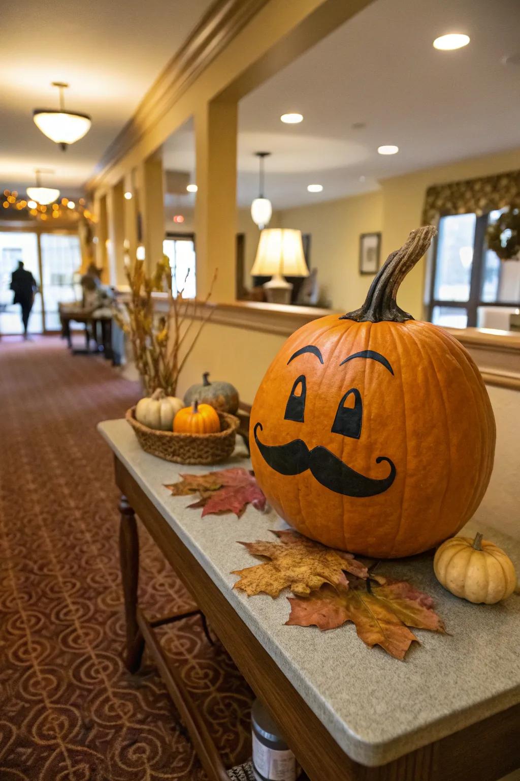 Pumpkin sporting a funny mustache for a playful look.