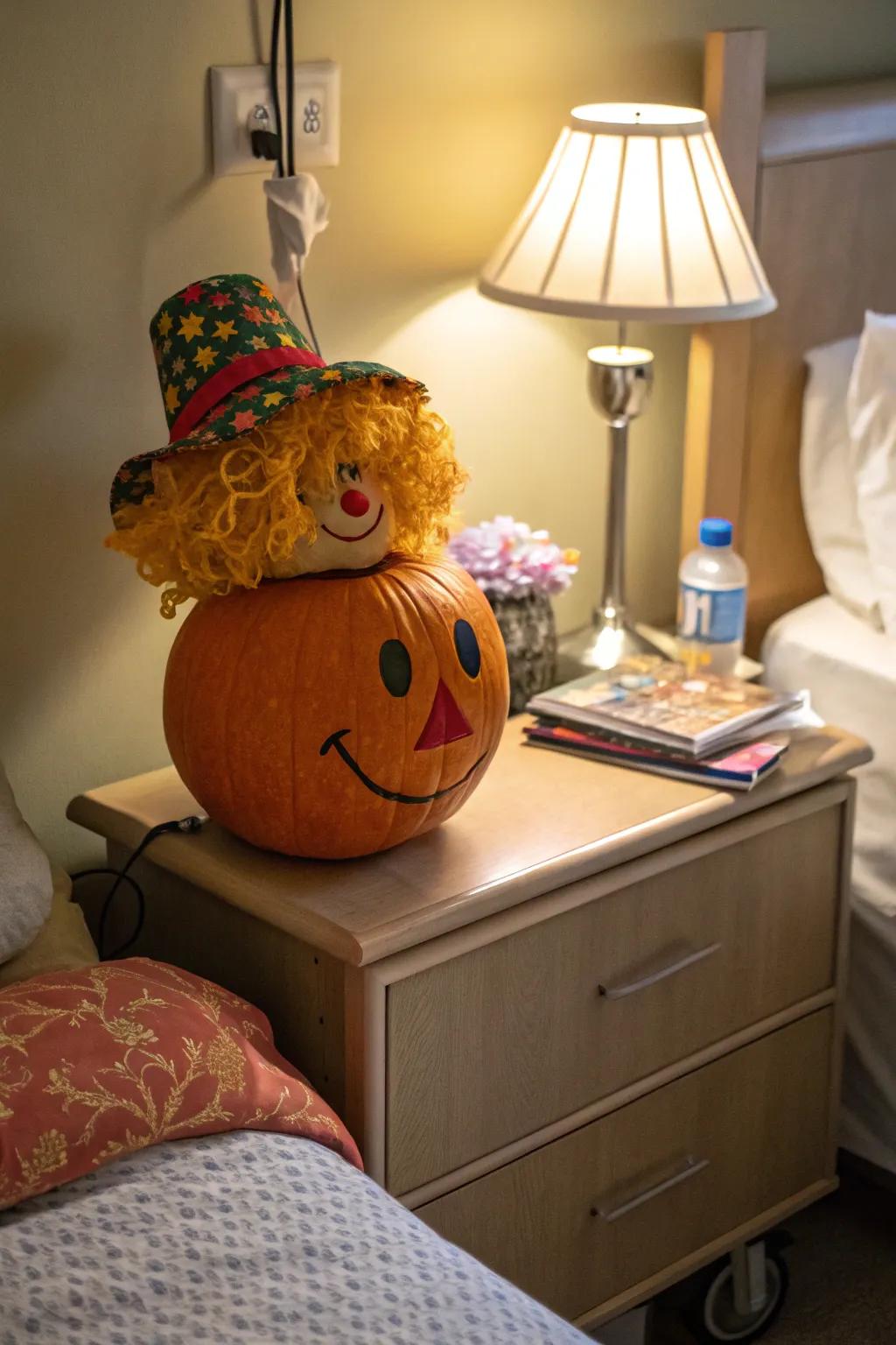Pumpkin wearing a colorful wig and festive hat.