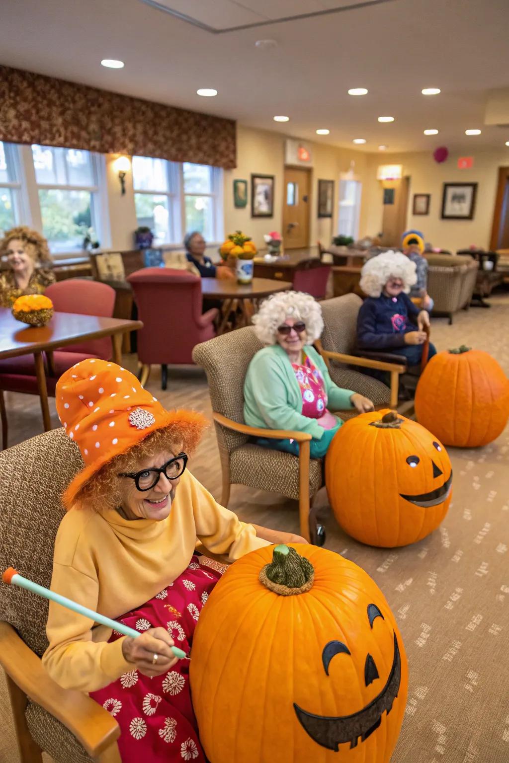 Pumpkins dressed with clothing and wigs to create unique characters.