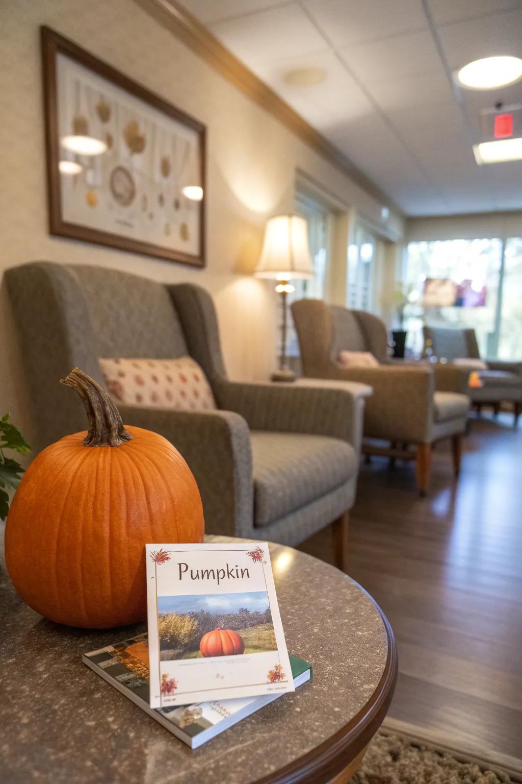 Pumpkin accompanied by a card telling its backstory.